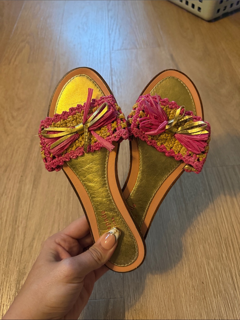 kate spade Pink and Gold Woven Tassel Slide Sandals Size 7.5